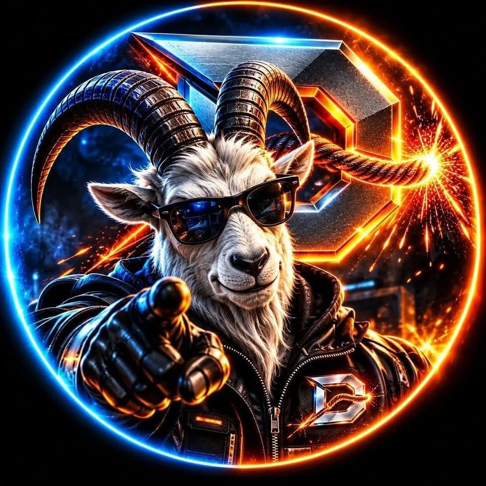 The Digital GOAT in sunglasses and a leather jacket, surrounded by blue and orange energy